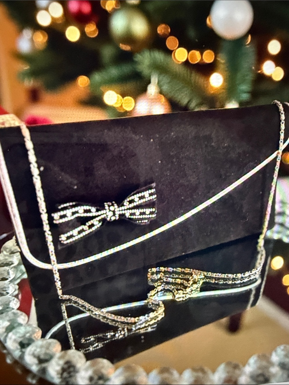 Velvet Bow-Accent Evening Clutch with Chain Strap